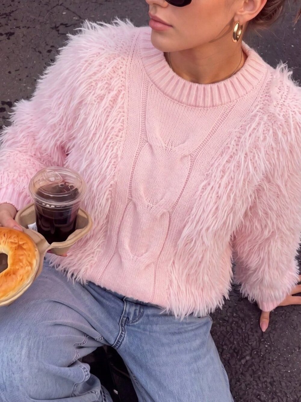 Pink Casual Women's Stand Collar Fuzzy Trim Long Sleeve Sweater - Picture 3 of 7